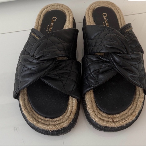 Dior Black Quilted Leather Cross-Strap Sandals with Natural Rope Trim - Picture 4 of 8
